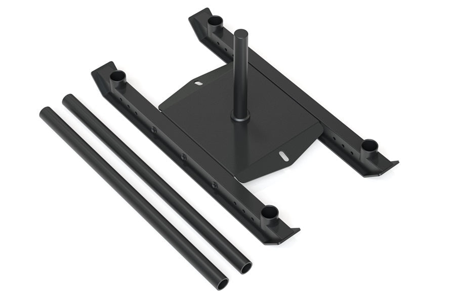 Black metal sled frame with square base, vertical post, and adjustable handles with two cylindrical weight tubes on white bac