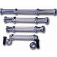 Four chrome dumbbell handles with textured grip centers and threaded end caps, displayed in flat lay on white background