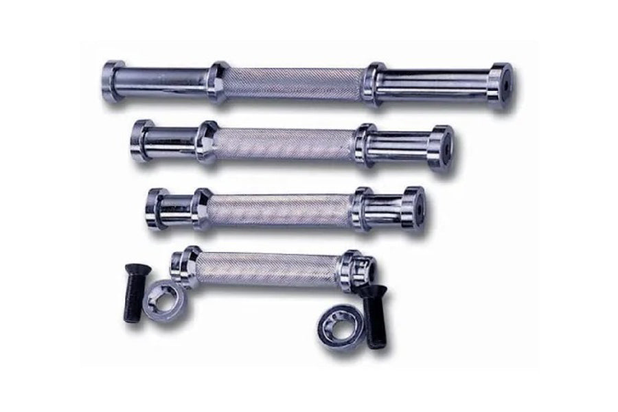 Four chrome dumbbell handles with textured grip centers and threaded end caps, displayed in flat lay on white background