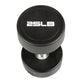 Black and gray 25LB pro-style dumbbell with white text, shown from top view on white background