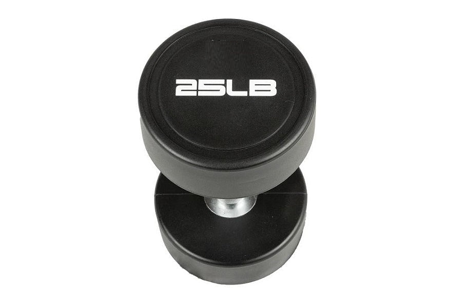 Black and gray 25LB pro-style dumbbell with white text, shown from top view on white background