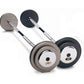 Pair of cast-iron dumbbells with gray and black textured plates, chrome handles, labeled 45 lbs, on white background