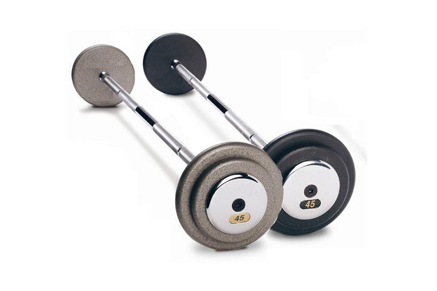 Pair of cast-iron dumbbells with gray and black textured plates, chrome handles, labeled 45 lbs, on white background