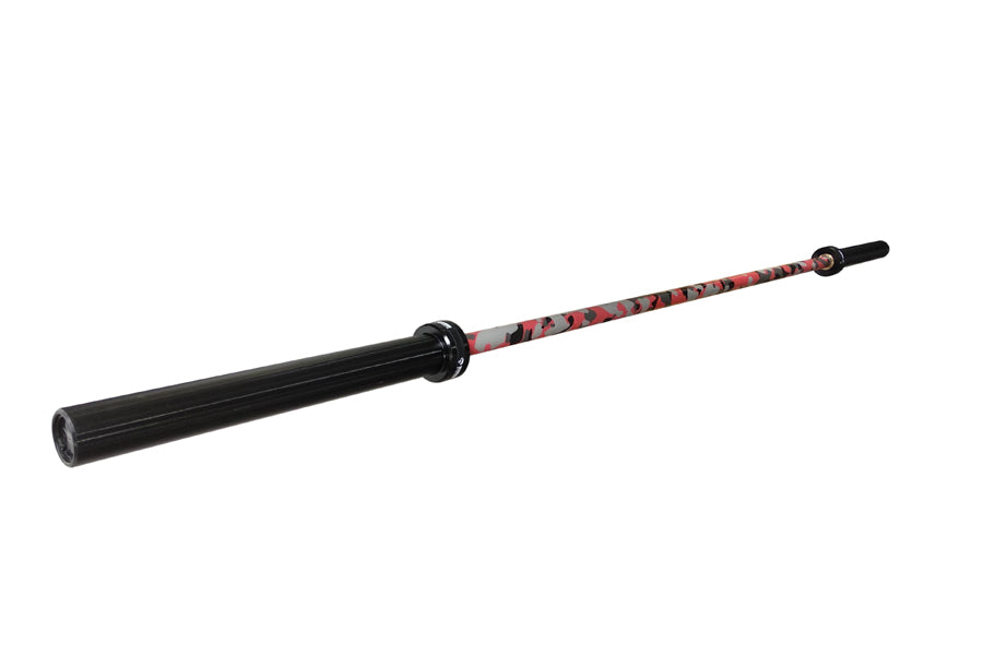 Warrior barbell with black cerakote sleeve and red camo patterned shaft, 6-bearing design, on white background