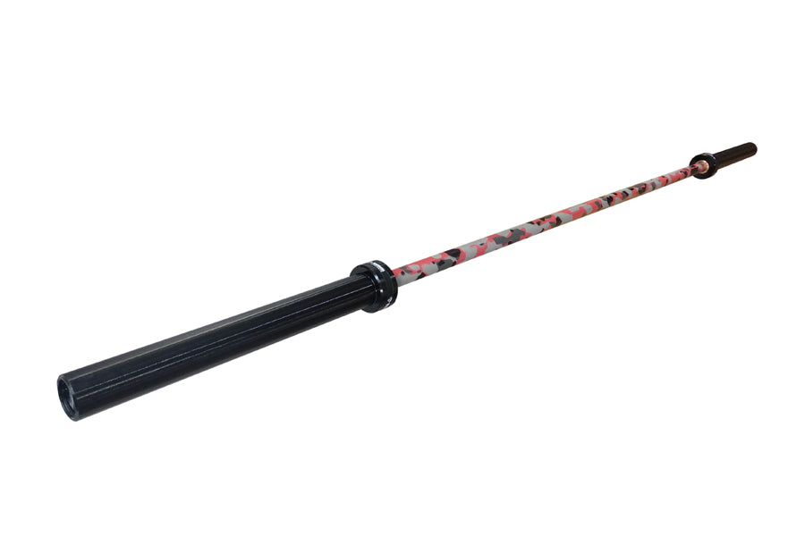 Warrior 6-bearing barbell with red camo sleeve and black cerakote shaft on white background