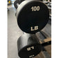 Black fixed dumbbell with white "100 LB" markings and gray textured handle, resting on gym floor