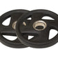 Pair of black rubber Olympic weight plates with grip handles and metal center holes, on white background