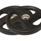 Pair of black rubber grip Olympic weight plates with grip handles and center hole, flat lay on white background