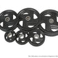 Set of six black rubber-coated weight plates in varying sizes arranged on white background
