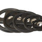 Set of five black rubber Olympic weight plates with chrome center hubs, arranged in decreasing size order on white background