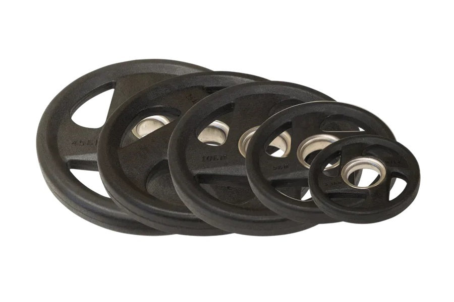 Warrior Rubber Grip Olympic Weight Plate Set in black, five plates arranged by size on white background