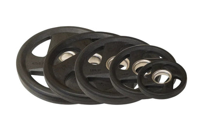 Warrior Rubber Grip Olympic Weight Plate Set in black, five plates arranged by size on white background