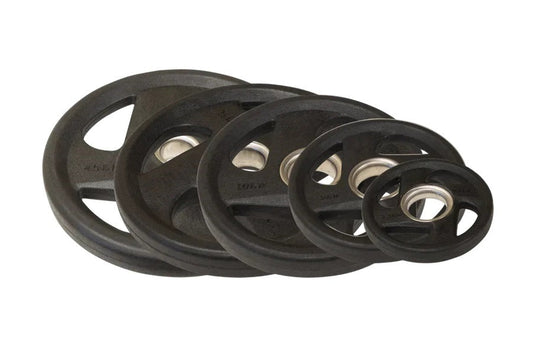 Warrior Rubber Grip Olympic Weight Plate Set in black, five plates arranged by size on white background