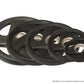 Black rubber-coated weight plates in assorted sizes arranged in descending order, flat lay on white background