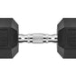 Pair of black rubber hexagonal dumbbells with chrome handle and weight markings on white background