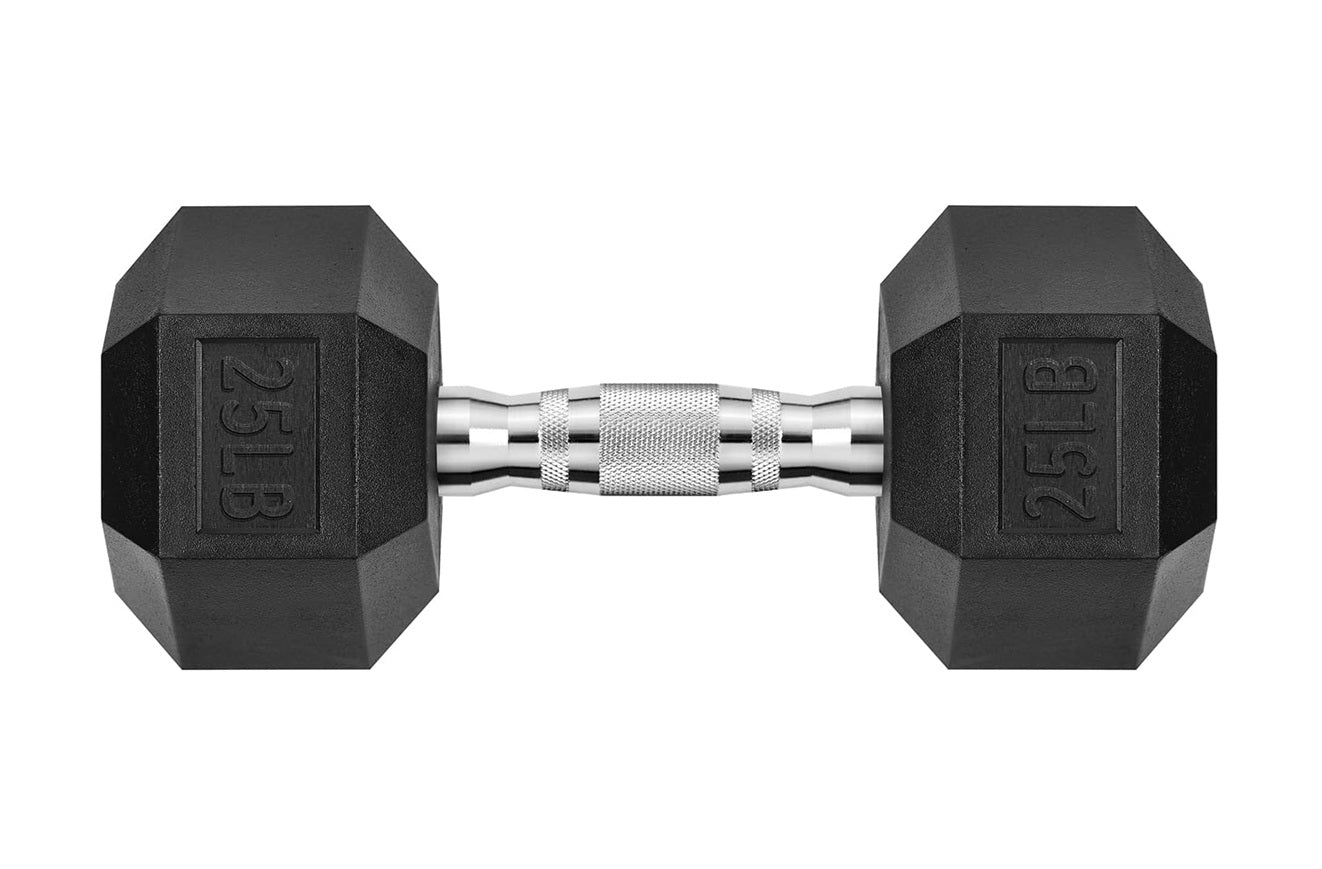 Pair of black rubber hexagonal dumbbells with chrome handle and weight markings on white background