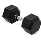 Pair of black rubber hex dumbbells with chrome handles and embossed weight markings on white background