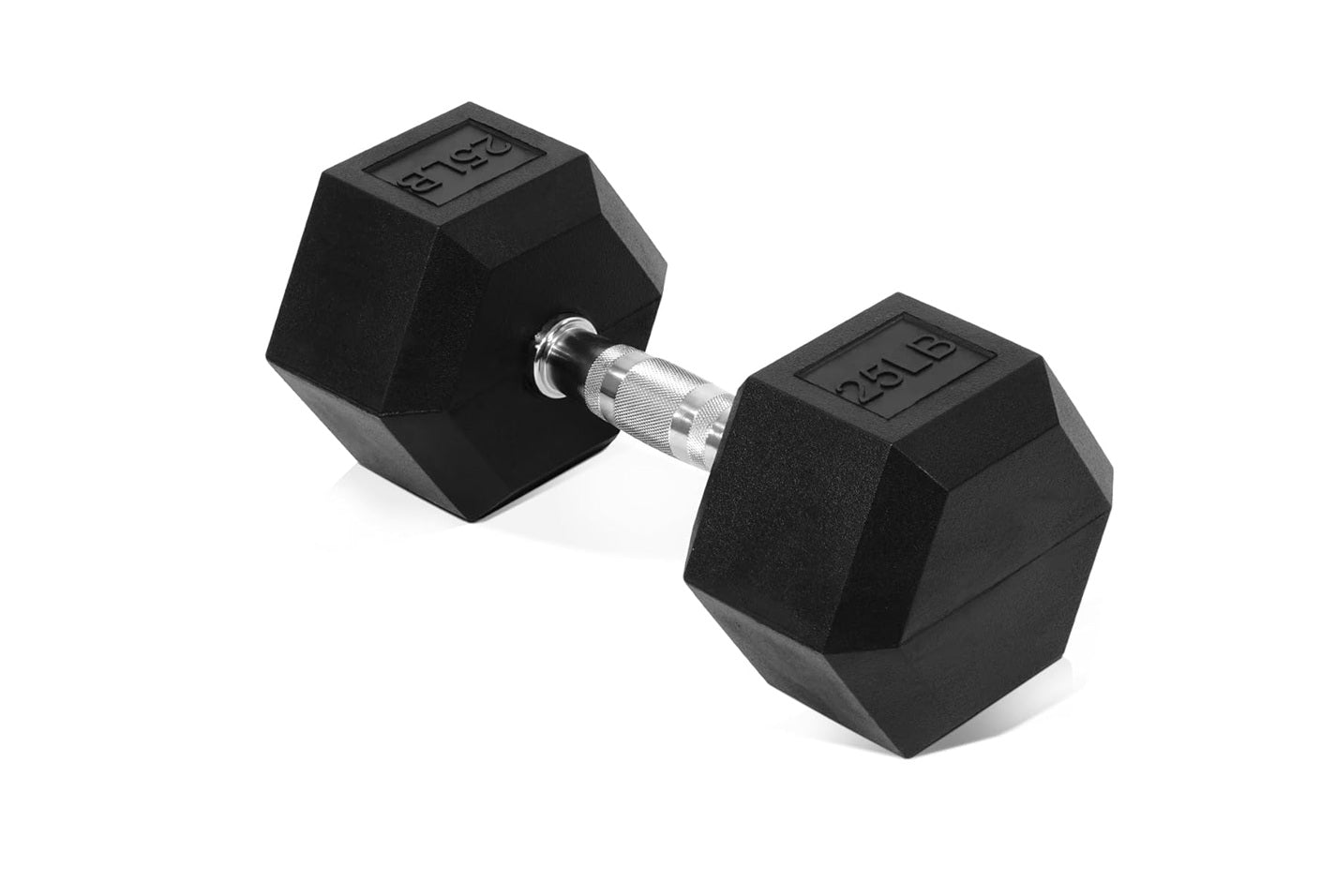 Pair of black rubber hex dumbbells with chrome handles and embossed weight markings on white background