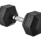 Pair of black rubber hexagonal dumbbells with chrome knurled handles, labeled 45lb and 25lb, on white background