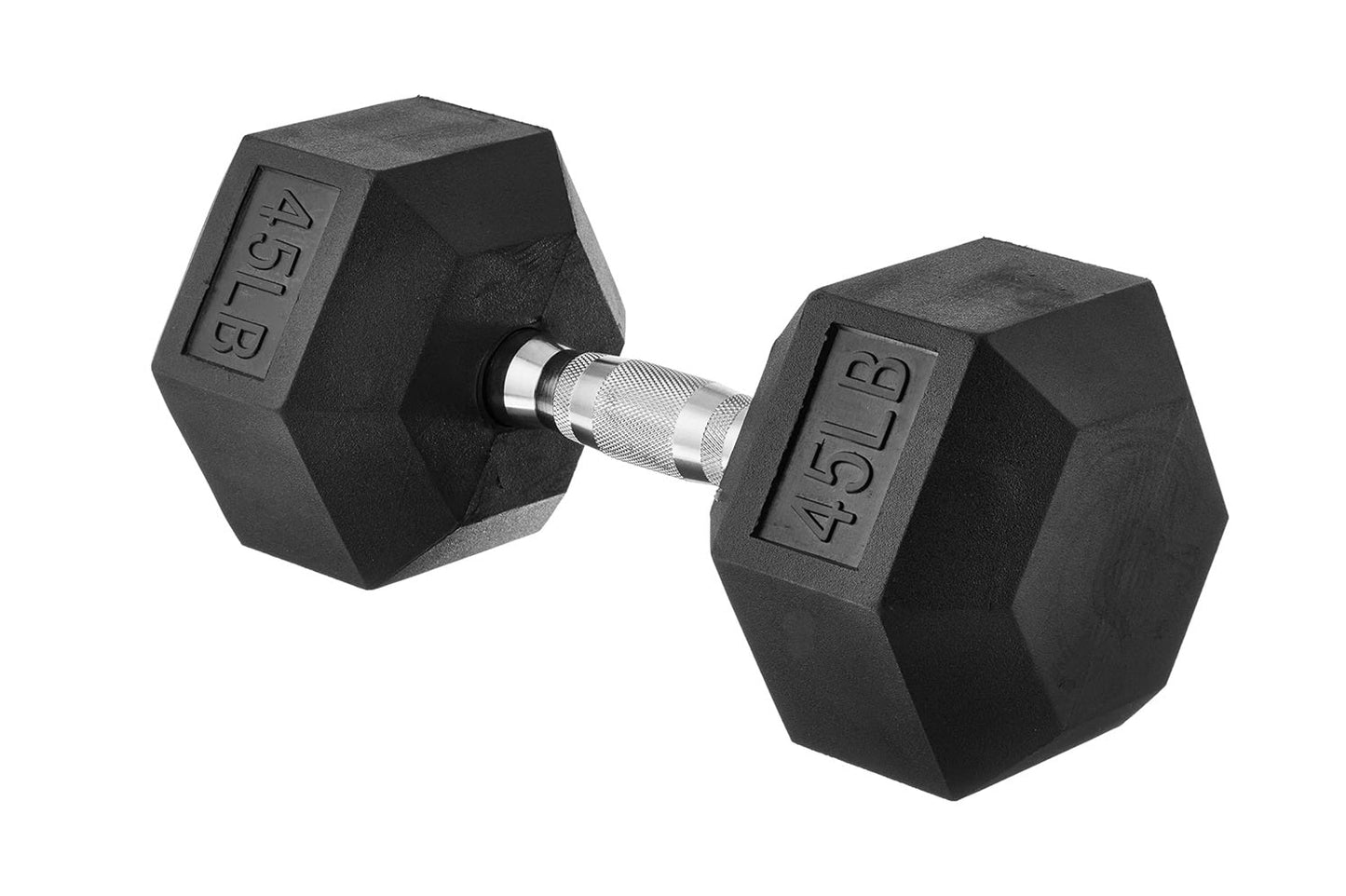 Pair of black rubber hexagonal dumbbells with chrome knurled handles, labeled 45lb and 25lb, on white background