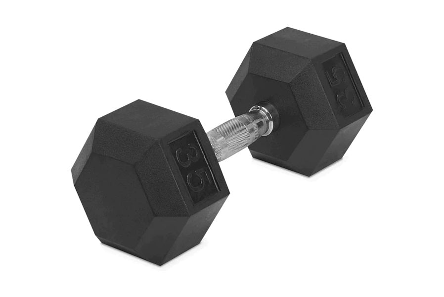 Pair of black rubber hexagonal dumbbells with chrome knurled handles on white background