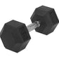Pair of black rubber hexagon dumbbells with chrome knurled handles on white background
