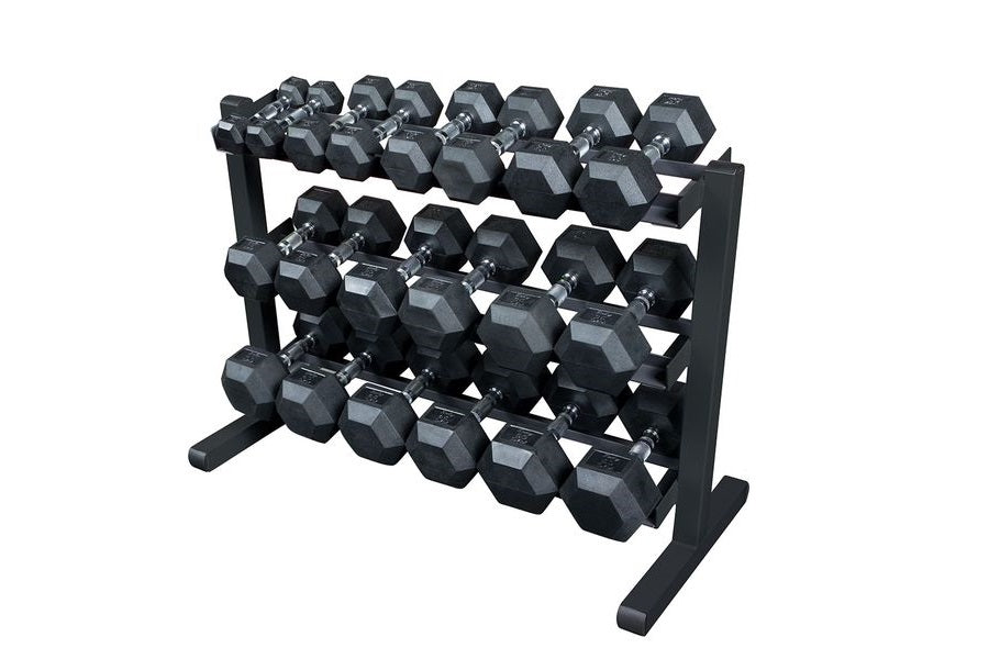 Warrior 3-tier horizontal dumbbell rack with black hexagonal dumbbells arranged on black metal frame