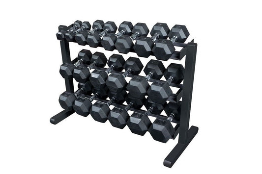 Three-tier black rubber hex dumbbell rack holding multiple pairs of weights arranged by size, on white background
