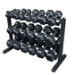 Three-tier black rubber hex dumbbell rack holding multiple pairs of weights arranged by size, on white background