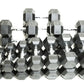 Complete rubber hex dumbbell set with weights ranging from 5 to 50 pounds, displayed in ascending size order on white backgro