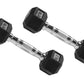 Pair of black rubber hex dumbbells with chrome handles and weight labels on white background