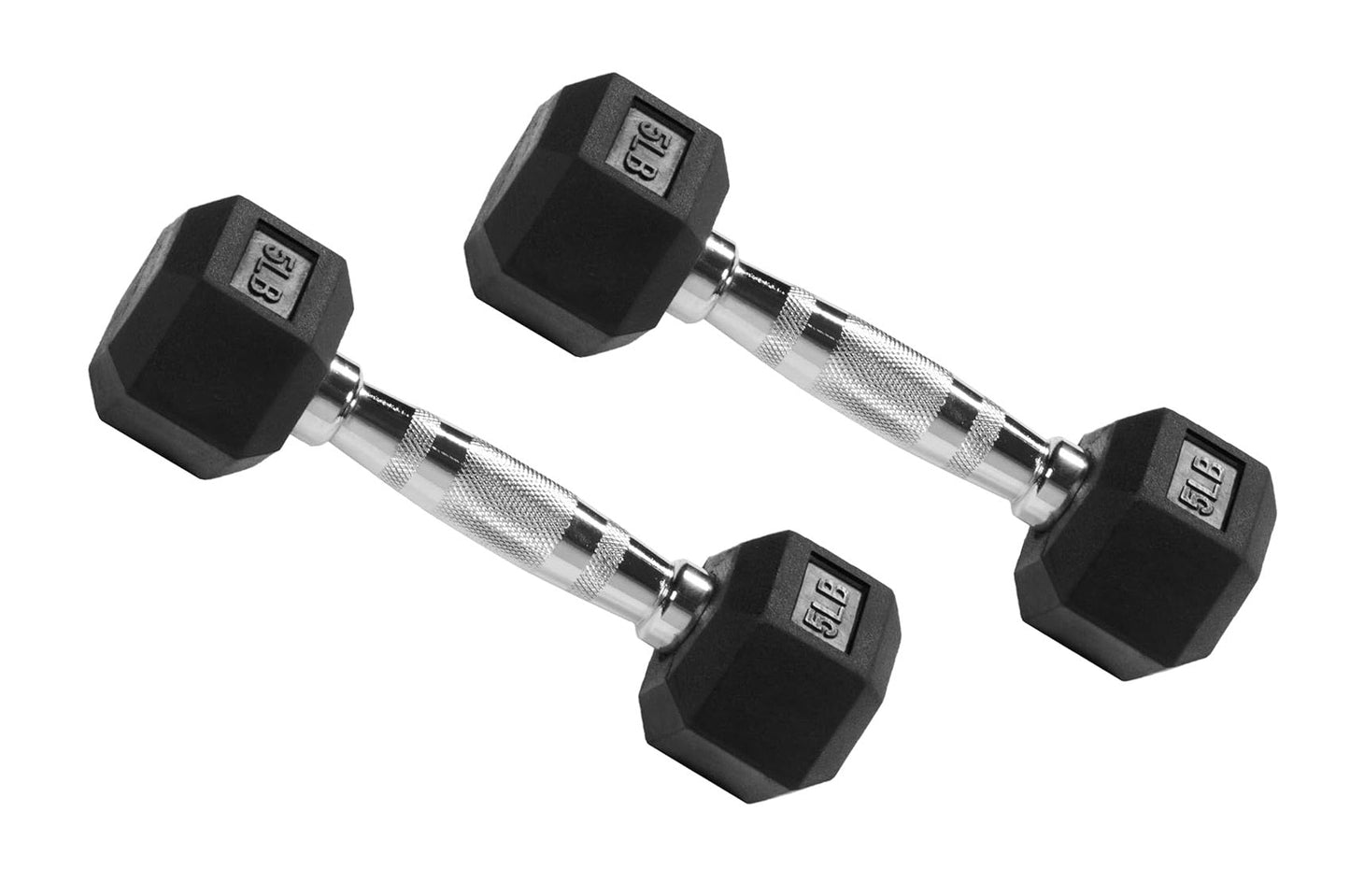 Pair of black rubber hex dumbbells with chrome handles on white background
