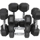 Set of black rubber hex dumbbells with chrome handles in various weights, displayed on white background