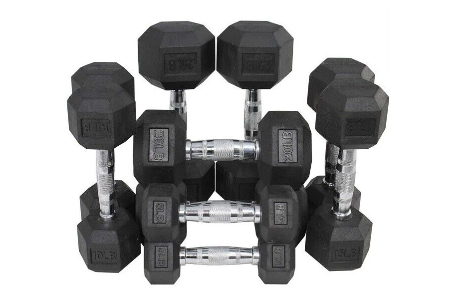 Set of black rubber hex dumbbells with chrome handles in various weights on white background
