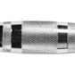Warrior rubber hex dumbbell with black and white striped grip, silver knurled center band, flat lay on white background
