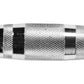 Metallic dumbbell handle with black knurled grip sections and silver textured bands on white background