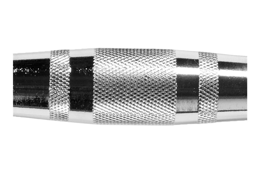 Metallic dumbbell handle with black knurled grip sections and silver textured bands on white background