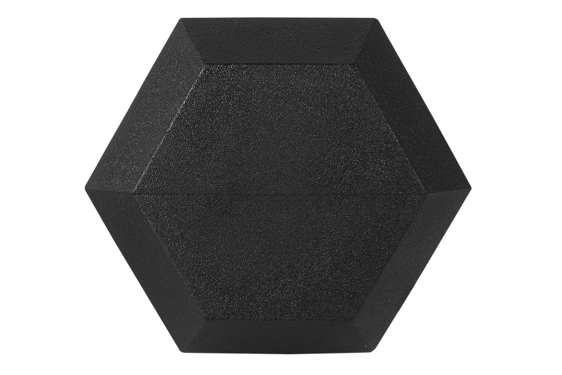 Black rubber hexagonal dumbbell with textured grip surface on white background