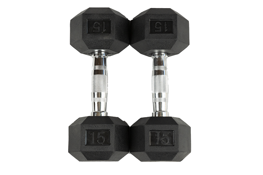 Pair of black rubber hex dumbbells with chrome knurled handles, marked 15 lbs each, on white background