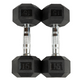 Pair of black rubber hex dumbbells with chrome knurled handles, labeled 15 lbs each, on white background