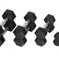 Four black rubber hexagonal dumbbells with chrome handles in increasing sizes on white background