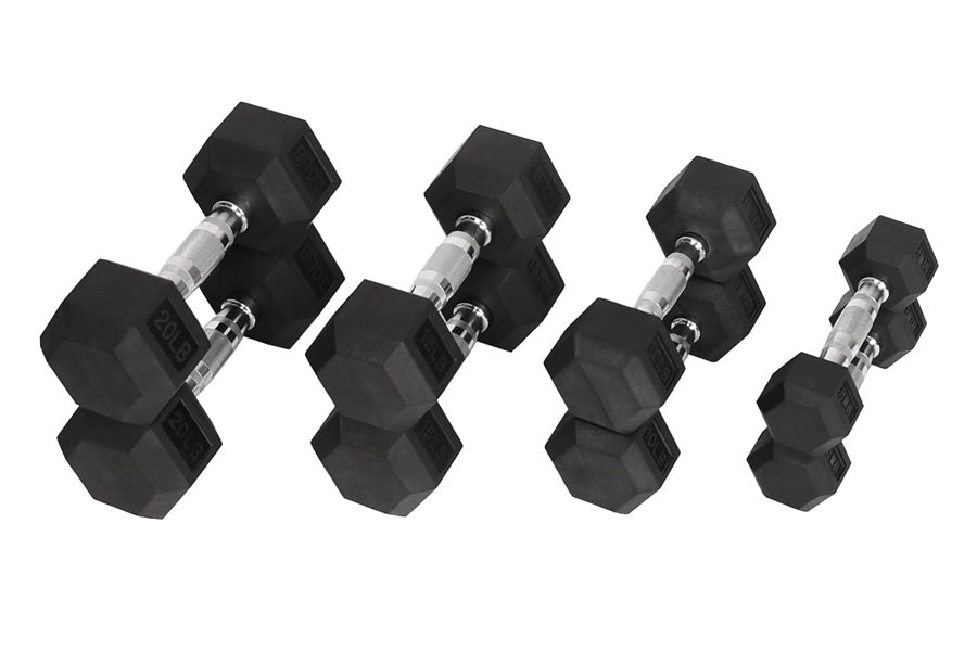 Four black rubber hexagonal dumbbells with chrome handles in increasing sizes on white background