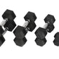 Set of four black rubber hex dumbbells with chrome handles in progressively smaller sizes on white background