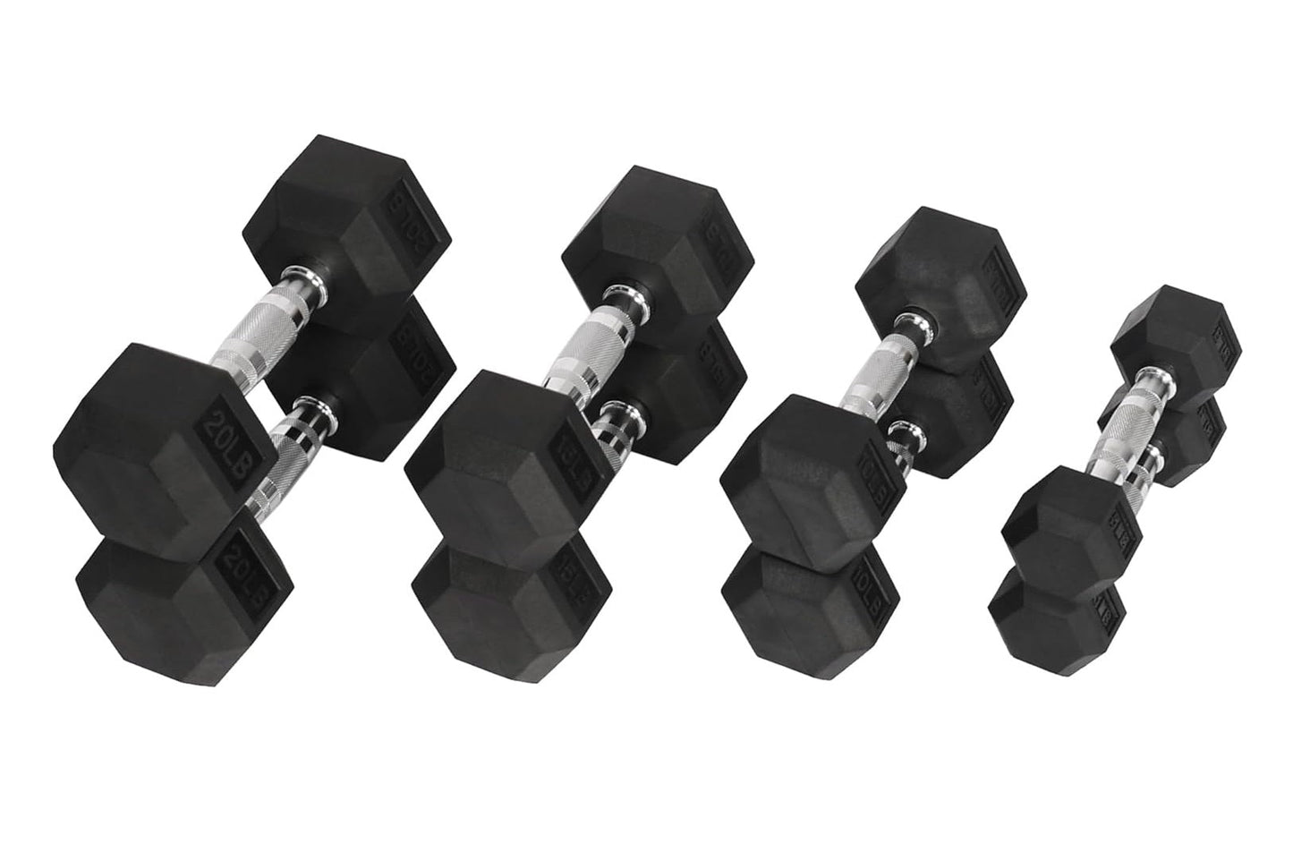 Set of four black rubber hex dumbbells with chrome handles, displayed in increasing size on white background