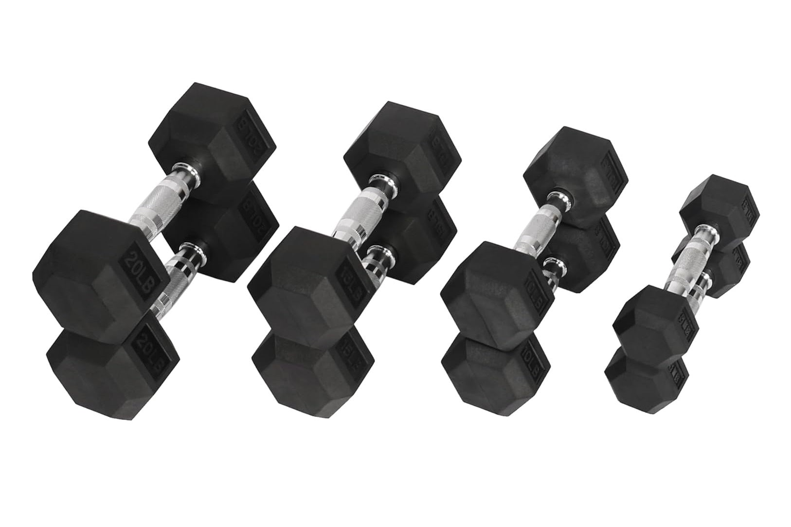 Set of four black hexagonal rubber dumbbells with chrome handles, arranged by increasing weight on white background
