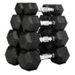 Set of black hexagonal rubber dumbbells with chrome handles, ranging from 5 to 50 lbs, displayed on white background