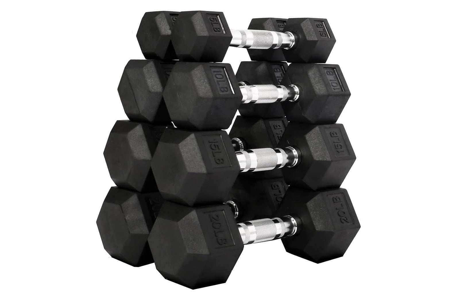 Set of black hexagonal rubber dumbbells with chrome handles, ranging from 5 to 50 lbs, displayed on white background