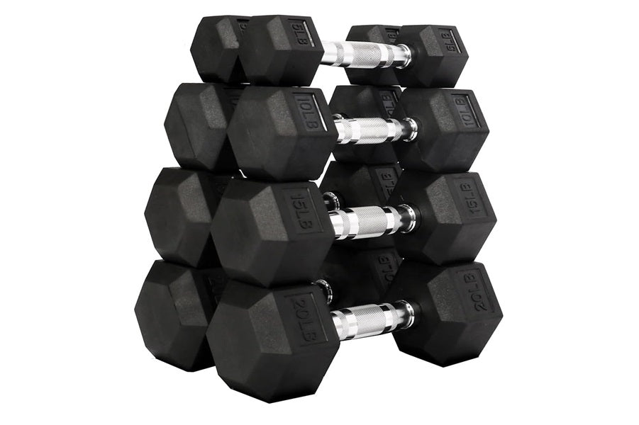 Set of black rubber hex dumbbells with chrome handles arranged in rows on white background