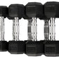 Set of four black rubber hex dumbbells with chrome knurled handles, ranging from 5lb to 20lb, displayed on white background