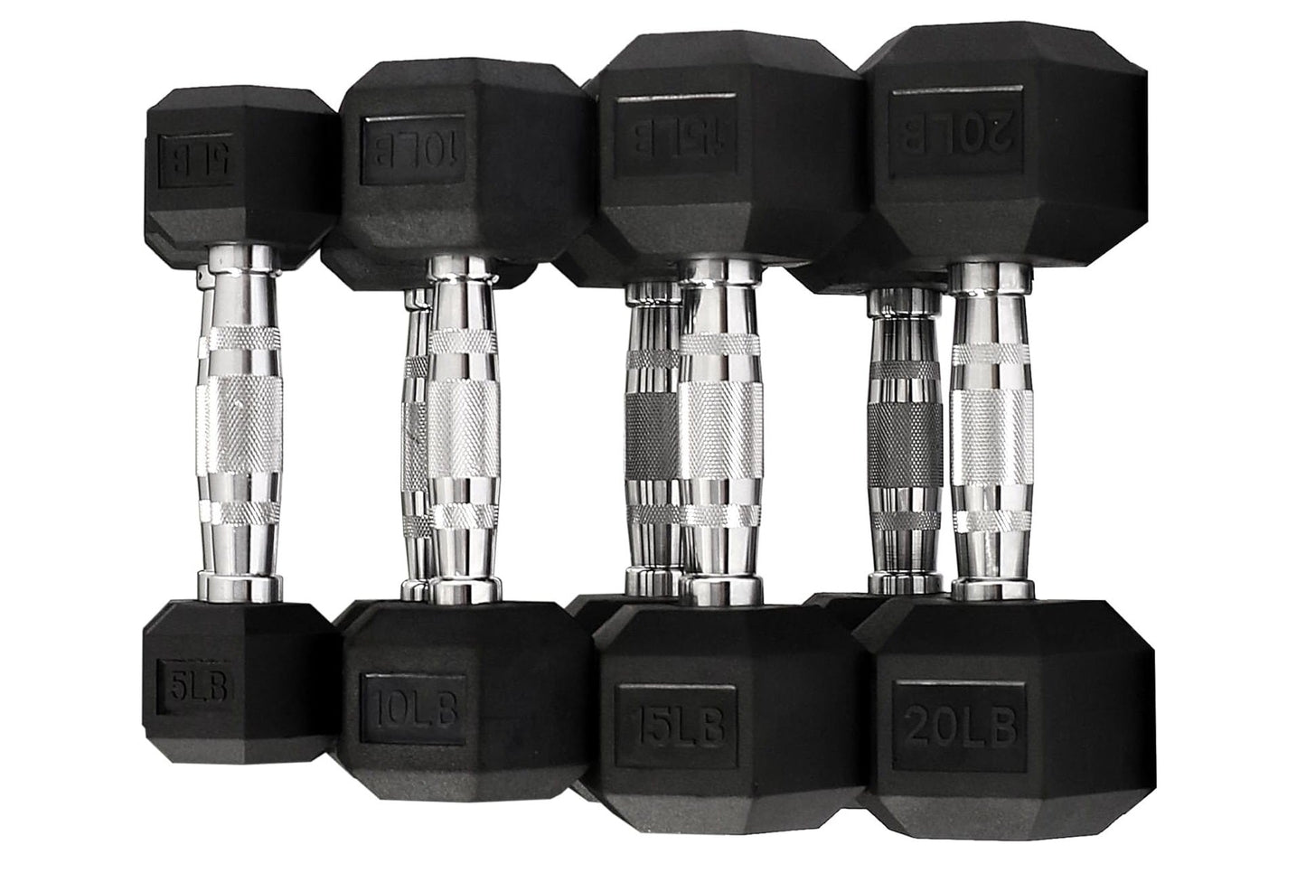 Set of four black rubber hex dumbbells with chrome knurled handles, ranging from 5lb to 20lb, displayed on white background